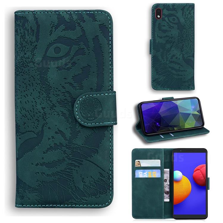 Intricate Embossing Tiger Face Leather Wallet Case for Samsung Galaxy A01 Core - Green