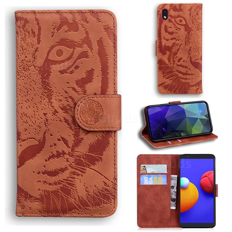 Intricate Embossing Tiger Face Leather Wallet Case for Samsung Galaxy A01 Core - Brown