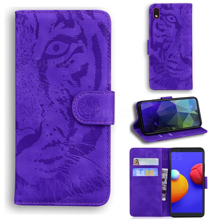 Intricate Embossing Tiger Face Leather Wallet Case for Samsung Galaxy A01 Core - Purple
