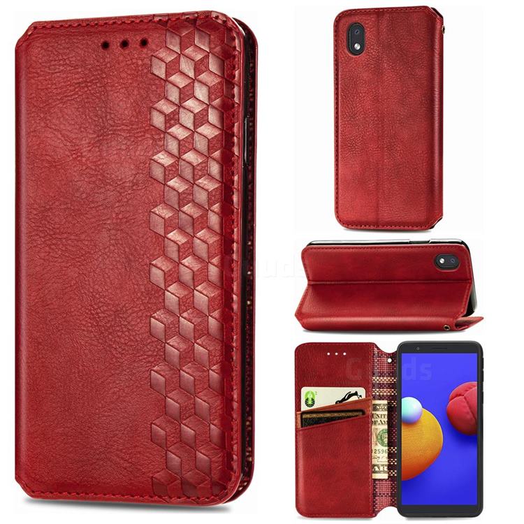 Ultra Slim Fashion Business Card Magnetic Automatic Suction Leather Flip Cover for Samsung Galaxy A01 Core - Red