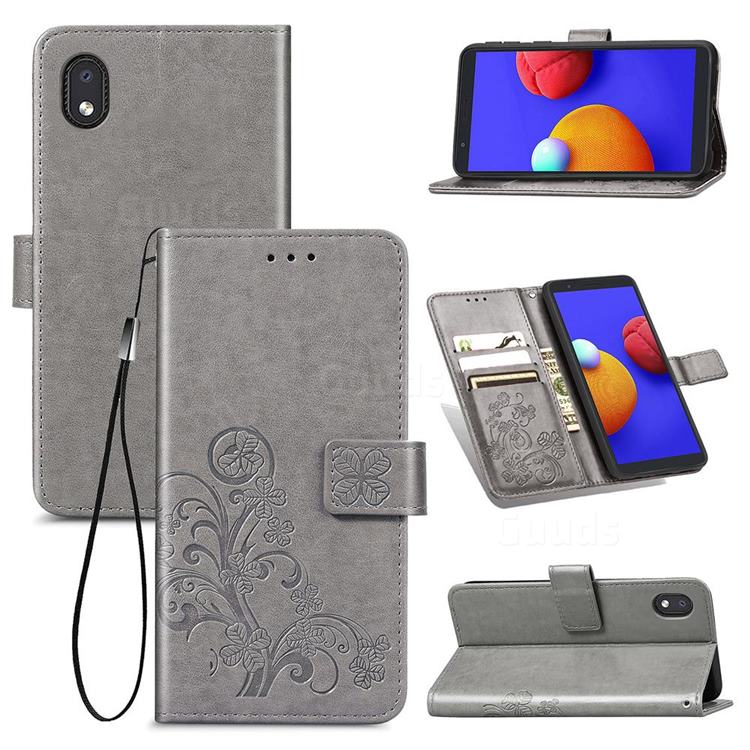 Embossing Imprint Four-Leaf Clover Leather Wallet Case for Samsung Galaxy A01 Core - Grey