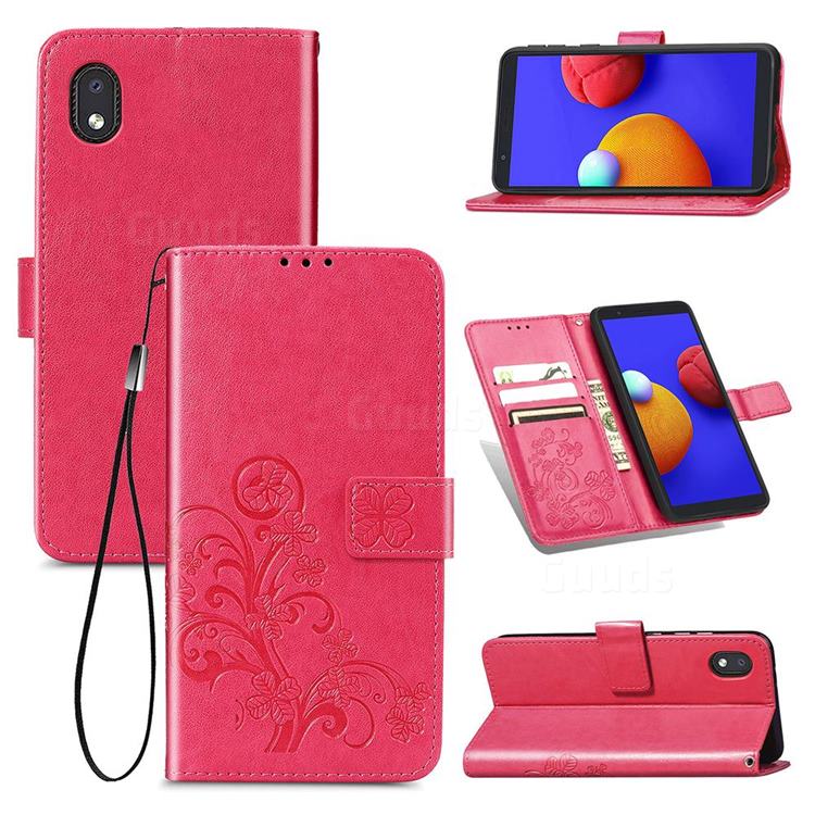 Embossing Imprint Four-Leaf Clover Leather Wallet Case for Samsung Galaxy A01 Core - Rose Red
