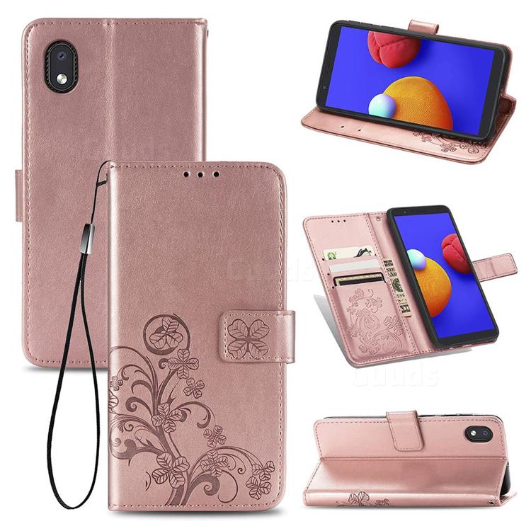 Embossing Imprint Four-Leaf Clover Leather Wallet Case for Samsung Galaxy A01 Core - Rose Gold