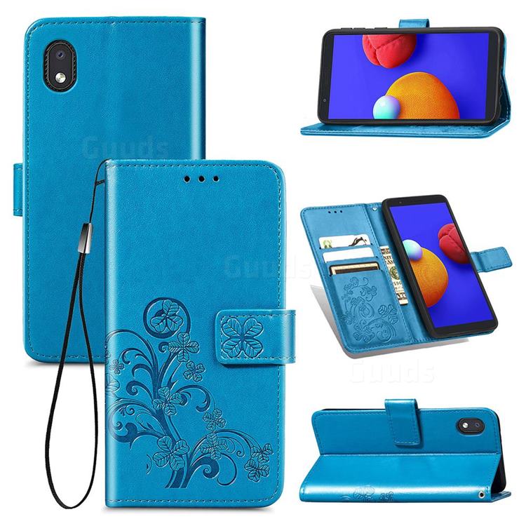 Embossing Imprint Four-Leaf Clover Leather Wallet Case for Samsung Galaxy A01 Core - Blue