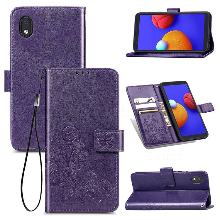 Embossing Imprint Four-Leaf Clover Leather Wallet Case for Samsung Galaxy A01 Core - Purple