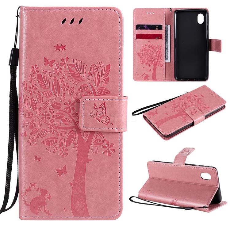 Embossing Butterfly Tree Leather Wallet Case for Samsung Galaxy A01 Core - Pink