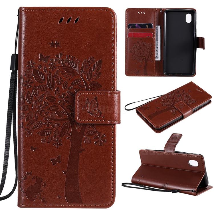 Embossing Butterfly Tree Leather Wallet Case for Samsung Galaxy A01 Core - Coffee