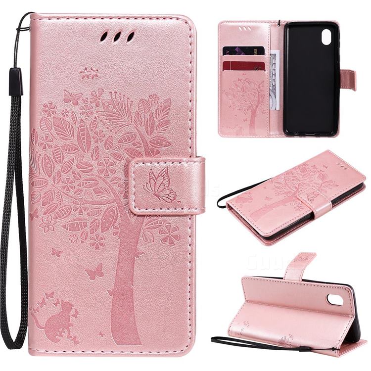 Embossing Butterfly Tree Leather Wallet Case for Samsung Galaxy A01 Core - Rose Pink