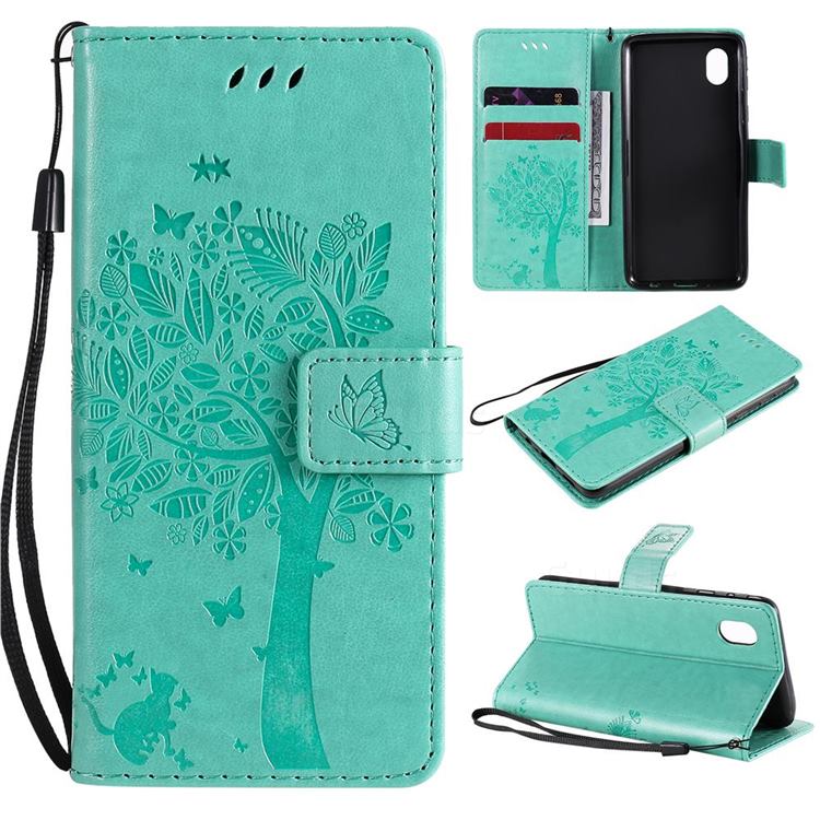 Embossing Butterfly Tree Leather Wallet Case for Samsung Galaxy A01 Core - Cyan