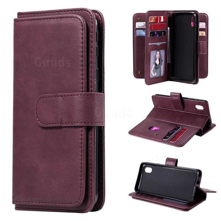Multi-function Ten Card Slots and Photo Frame PU Leather Wallet Phone Case Cover for Samsung Galaxy A01 Core - Claret