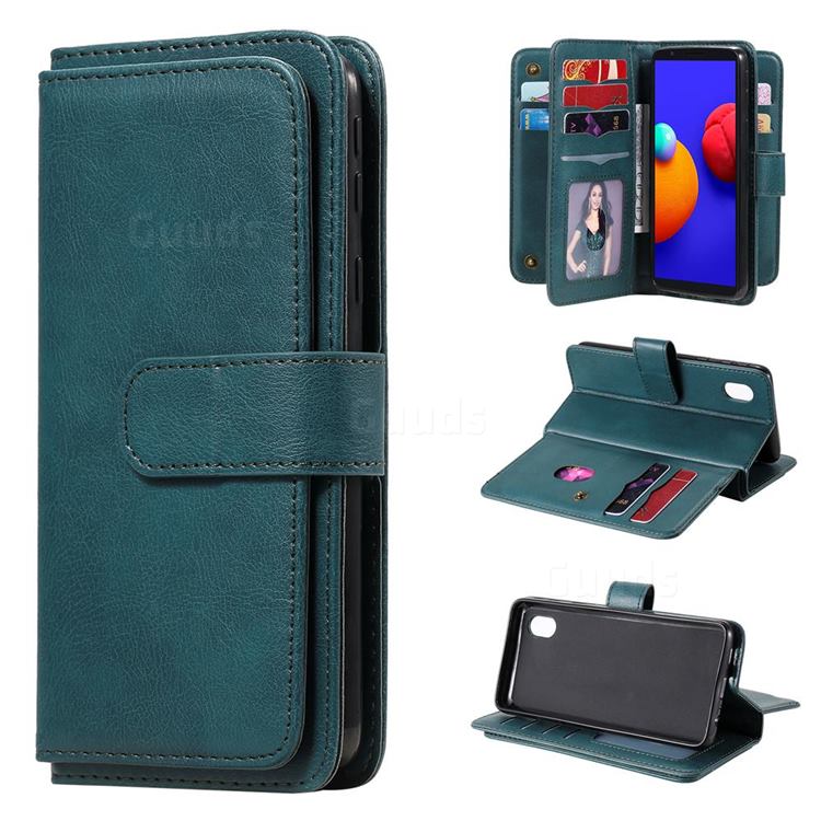 Multi-function Ten Card Slots and Photo Frame PU Leather Wallet Phone Case Cover for Samsung Galaxy A01 Core - Dark Green