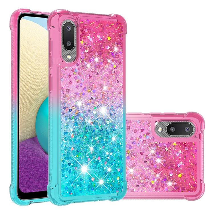 Rainbow Gradient Liquid Glitter Quicksand Sequins Phone Case for Samsung Galaxy A02 - Pink Blue