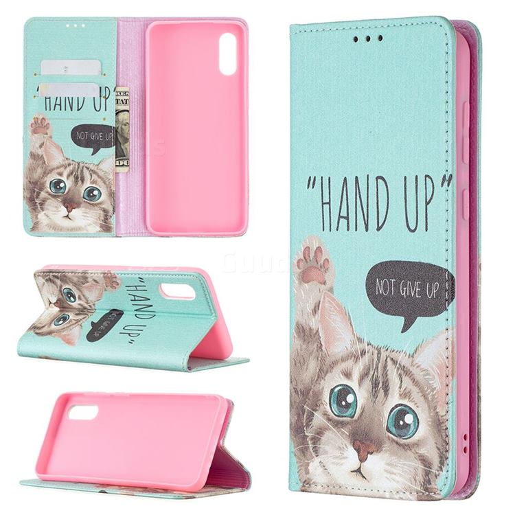 Hand Up Cat Slim Magnetic Attraction Wallet Flip Cover for Samsung Galaxy A02