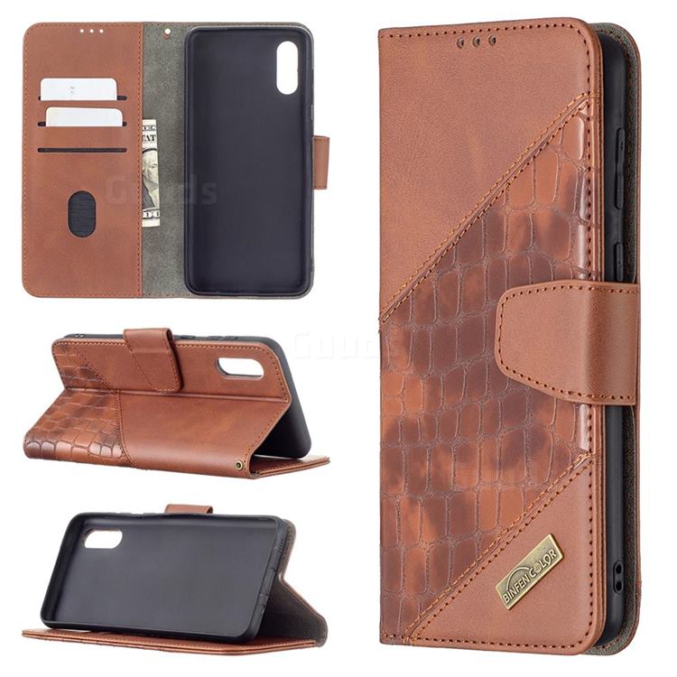 BinfenColor BF04 Color Block Stitching Crocodile Leather Case Cover for Samsung Galaxy A02 - Brown