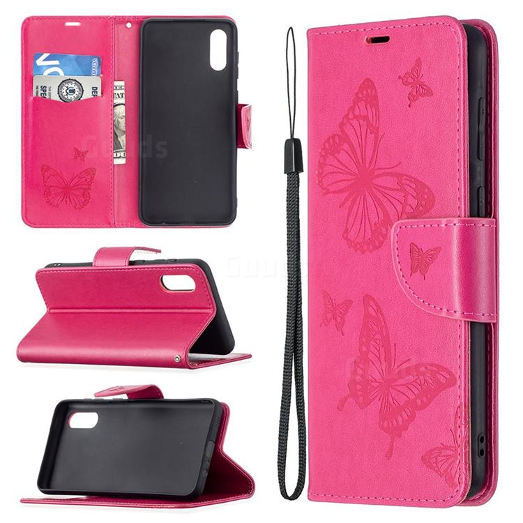 Embossing Double Butterfly Leather Wallet Case for Samsung Galaxy A02 - Red