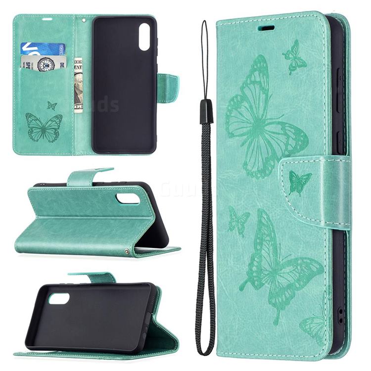 Embossing Double Butterfly Leather Wallet Case for Samsung Galaxy A02 - Green