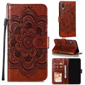 Intricate Embossing Datura Solar Leather Wallet Case for Samsung Galaxy A02 - Brown