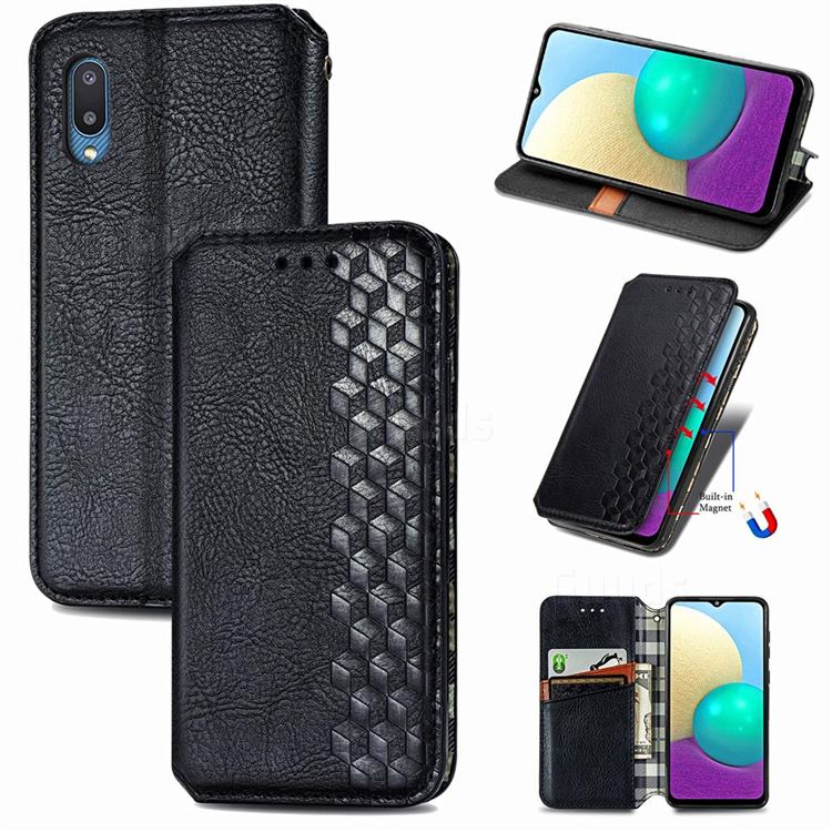 Ultra Slim Fashion Business Card Magnetic Automatic Suction Leather Flip Cover for Samsung Galaxy A02 - Black