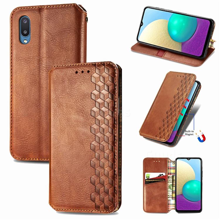 Ultra Slim Fashion Business Card Magnetic Automatic Suction Leather Flip Cover for Samsung Galaxy A02 - Brown