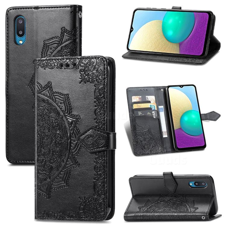 Embossing Imprint Mandala Flower Leather Wallet Case for Samsung Galaxy A02 - Black