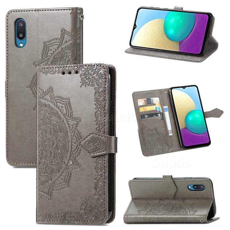 Embossing Imprint Mandala Flower Leather Wallet Case for Samsung Galaxy A02 - Gray