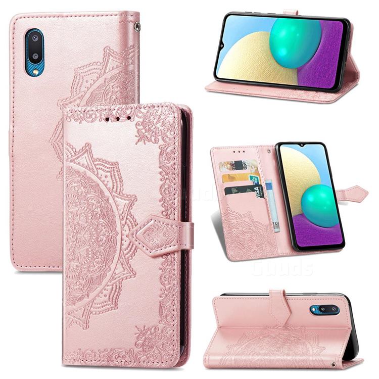 Embossing Imprint Mandala Flower Leather Wallet Case for Samsung Galaxy A02 - Rose Gold