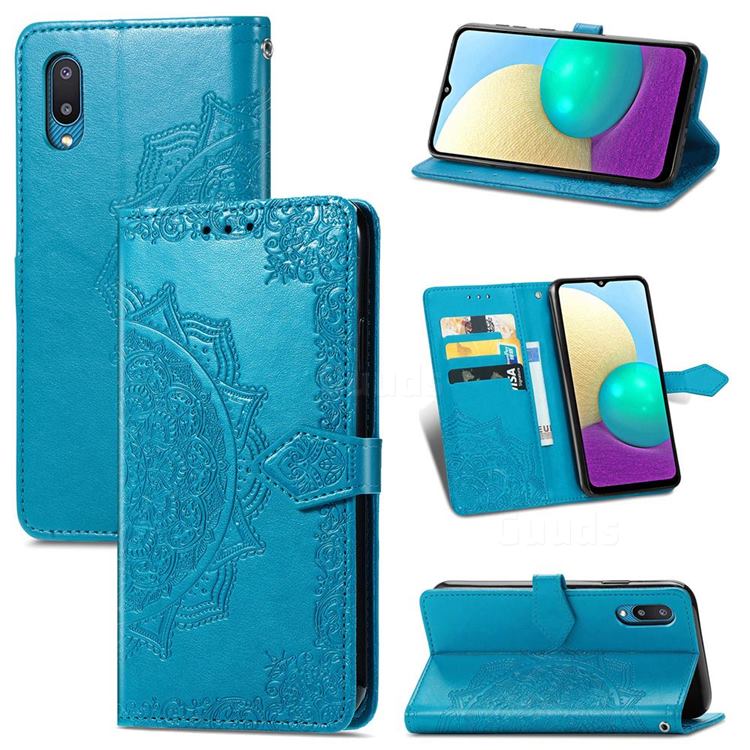 Embossing Imprint Mandala Flower Leather Wallet Case for Samsung Galaxy A02 - Blue