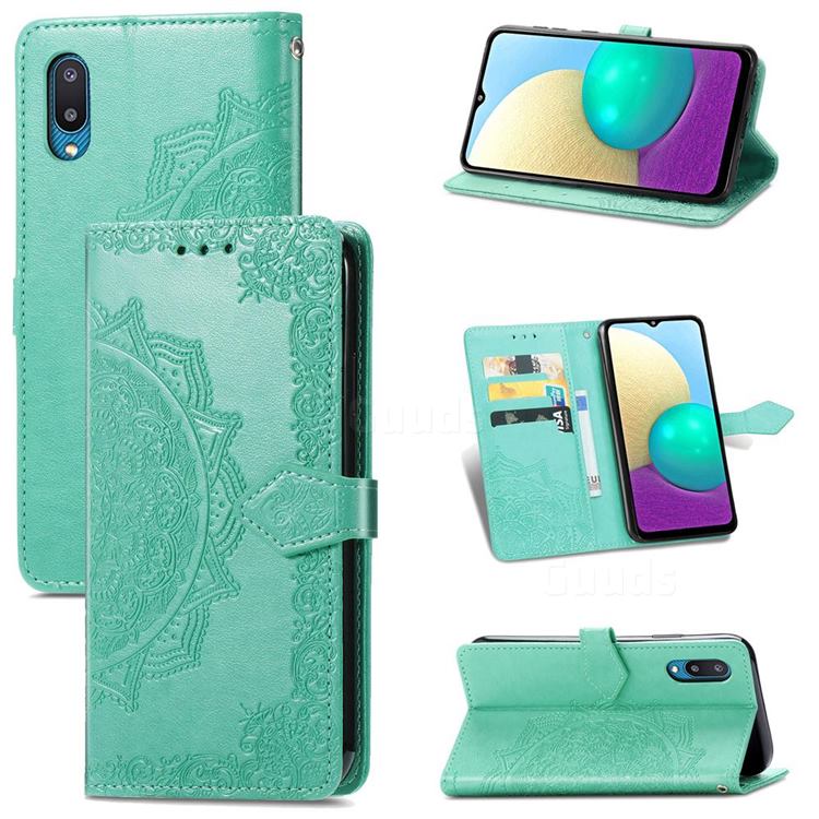 Embossing Imprint Mandala Flower Leather Wallet Case for Samsung Galaxy A02 - Green