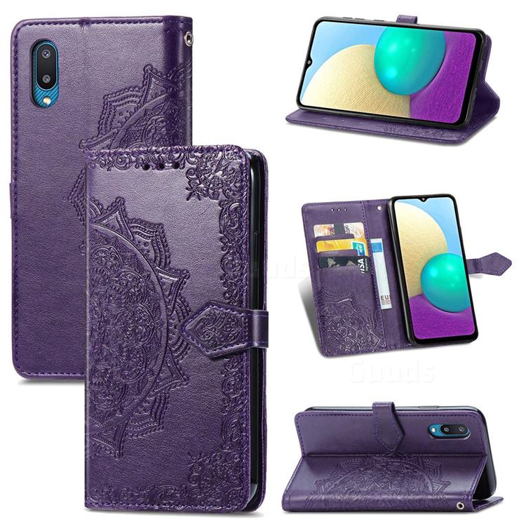 Embossing Imprint Mandala Flower Leather Wallet Case for Samsung Galaxy A02 - Purple