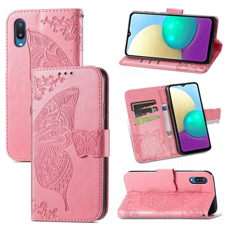 Embossing Mandala Flower Butterfly Leather Wallet Case for Samsung Galaxy A02 - Pink