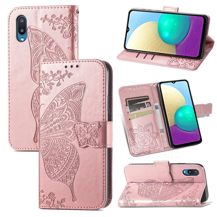 Embossing Mandala Flower Butterfly Leather Wallet Case for Samsung Galaxy A02 - Rose Gold