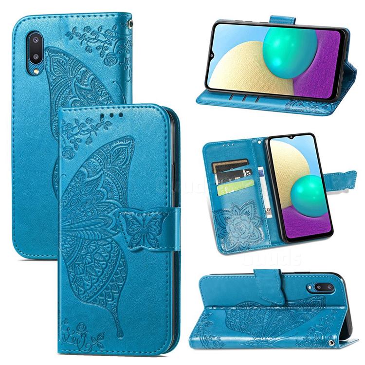 Embossing Mandala Flower Butterfly Leather Wallet Case for Samsung Galaxy A02 - Blue