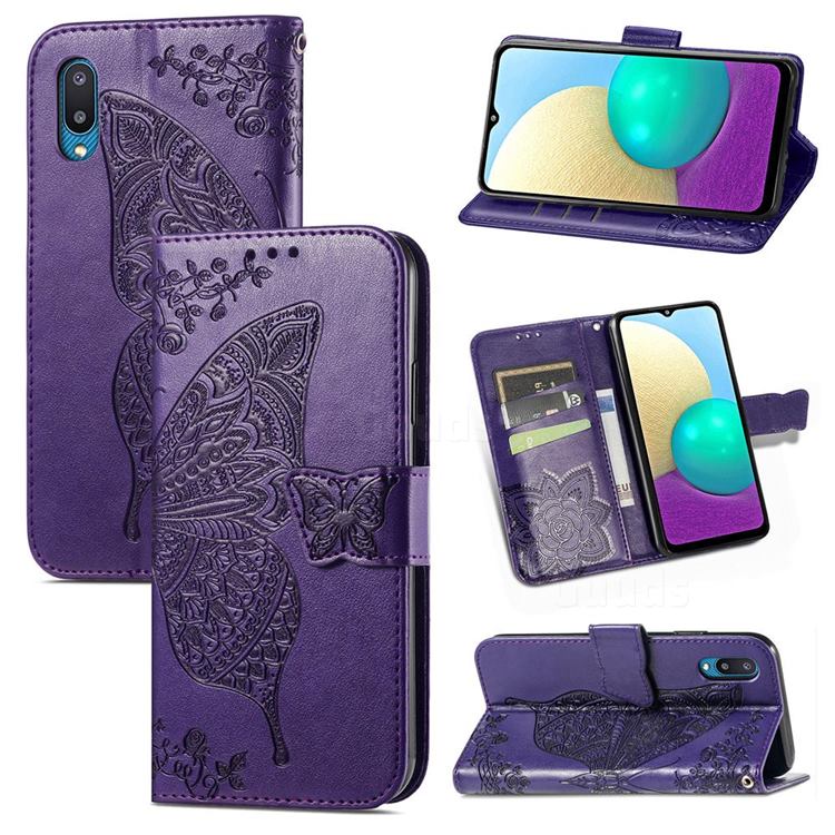 Embossing Mandala Flower Butterfly Leather Wallet Case for Samsung Galaxy A02 - Dark Purple