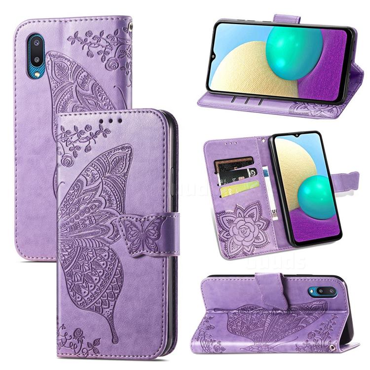 Embossing Mandala Flower Butterfly Leather Wallet Case for Samsung Galaxy A02 - Light Purple