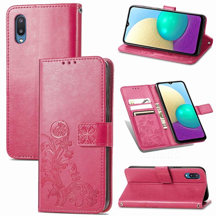 Embossing Imprint Four-Leaf Clover Leather Wallet Case for Samsung Galaxy A02 - Rose Red