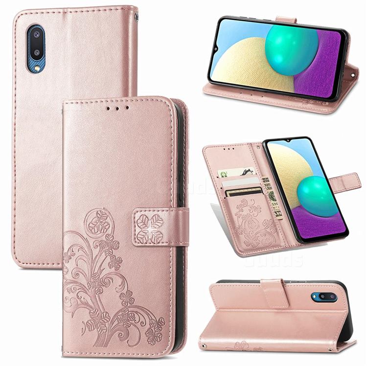 Embossing Imprint Four-Leaf Clover Leather Wallet Case for Samsung Galaxy A02 - Rose Gold