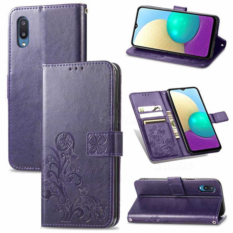 Embossing Imprint Four-Leaf Clover Leather Wallet Case for Samsung Galaxy A02 - Purple