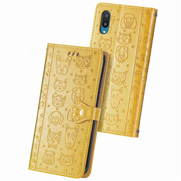 Embossing Dog Paw Kitten and Puppy Leather Wallet Case for Samsung Galaxy A02 - Yellow