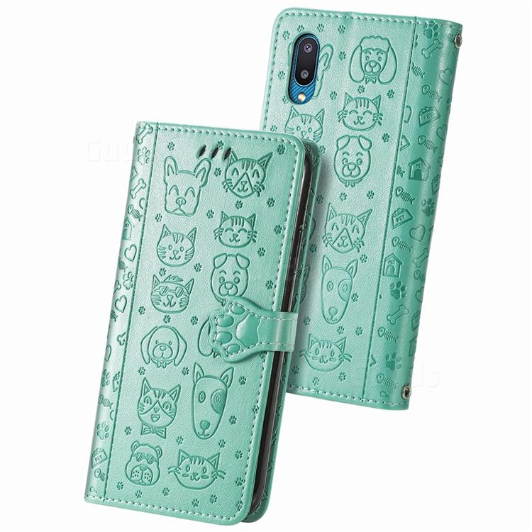 Embossing Dog Paw Kitten and Puppy Leather Wallet Case for Samsung Galaxy A02 - Green