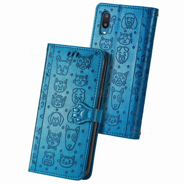 Embossing Dog Paw Kitten and Puppy Leather Wallet Case for Samsung Galaxy A02 - Blue