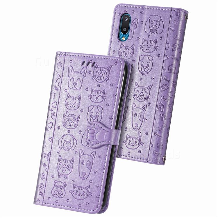 Embossing Dog Paw Kitten and Puppy Leather Wallet Case for Samsung Galaxy A02 - Purple