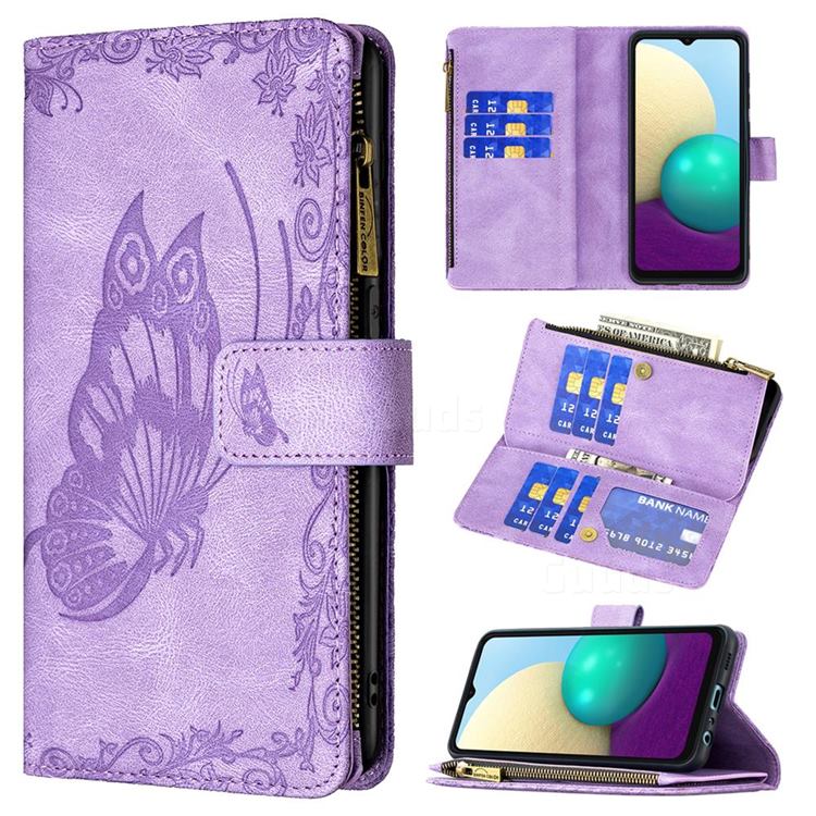 Binfen Color Imprint Vivid Butterfly Buckle Zipper Multi-function Leather Phone Wallet for Samsung Galaxy A02 - Purple