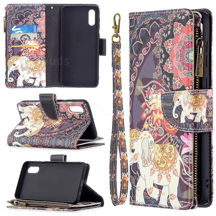 Totem Flower Elephant Binfen Color BF03 Retro Zipper Leather Wallet Phone Case for Samsung Galaxy A02
