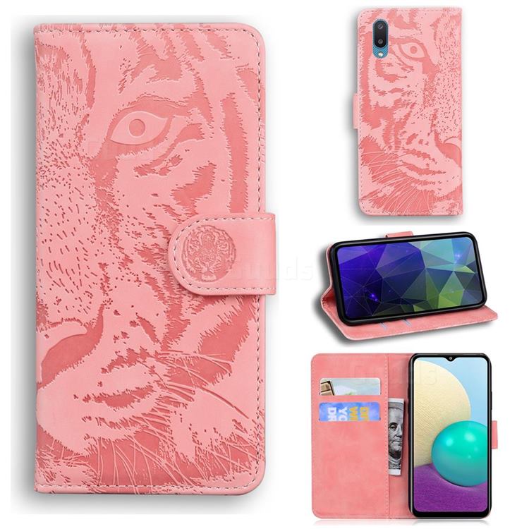 Intricate Embossing Tiger Face Leather Wallet Case for Samsung Galaxy A02 - Pink