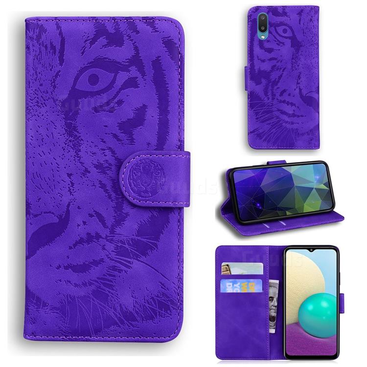 Intricate Embossing Tiger Face Leather Wallet Case for Samsung Galaxy A02 - Purple