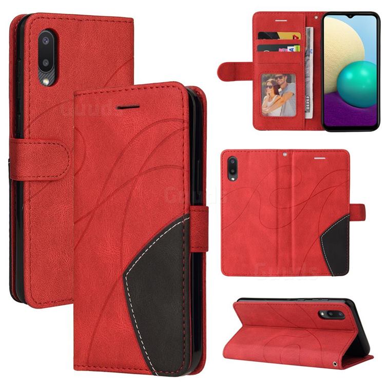Luxury Two-color Stitching Leather Wallet Case Cover for Samsung Galaxy A02 - Red