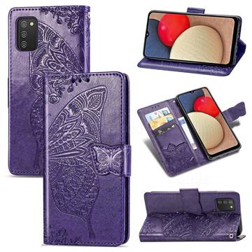 Embossing Mandala Flower Butterfly Leather Wallet Case for Samsung Galaxy A02s - Dark Purple