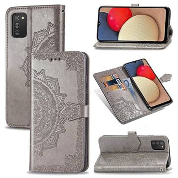 Embossing Imprint Mandala Flower Leather Wallet Case for Samsung Galaxy A02s - Gray
