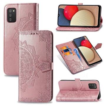 Embossing Imprint Mandala Flower Leather Wallet Case for Samsung Galaxy A02s - Rose Gold