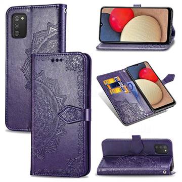Embossing Imprint Mandala Flower Leather Wallet Case for Samsung Galaxy A02s - Purple
